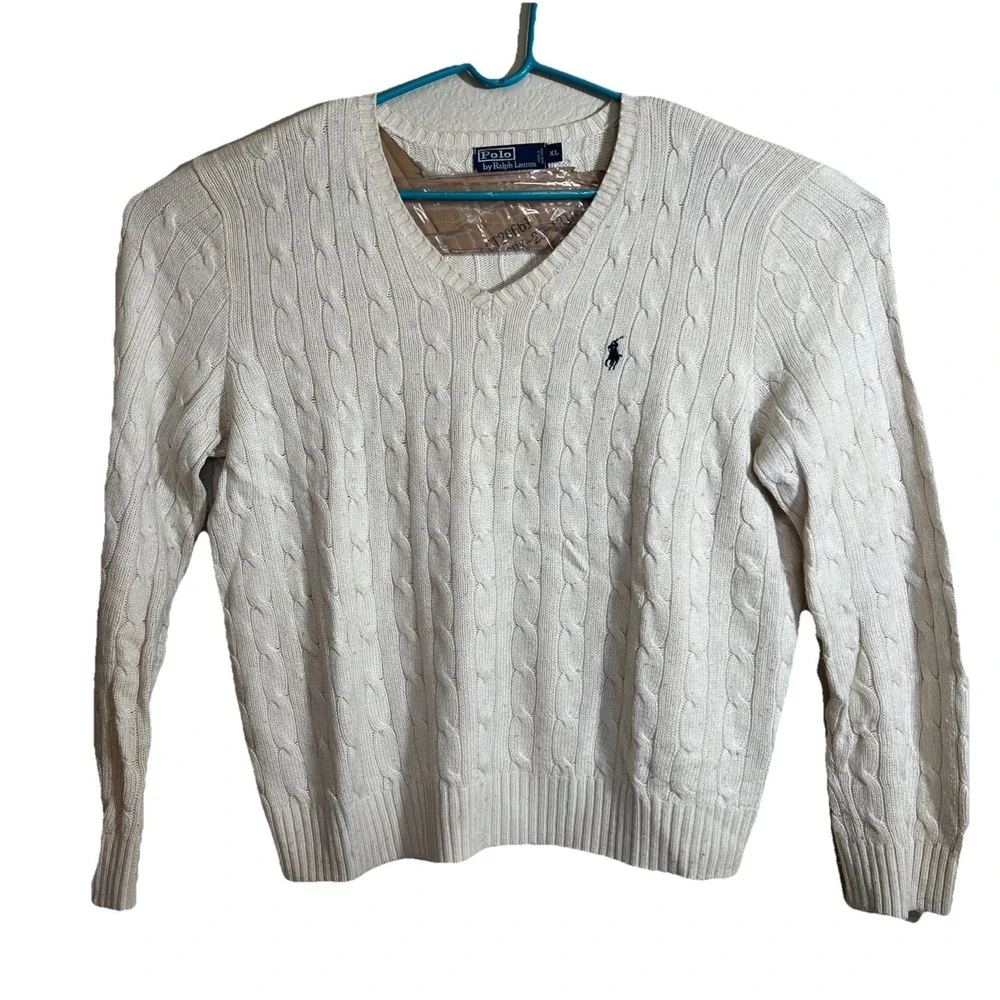 VTG Polo Ralph Lauren Sweater 100% Tussah Silk Men's XL Cable Knit V-Neck